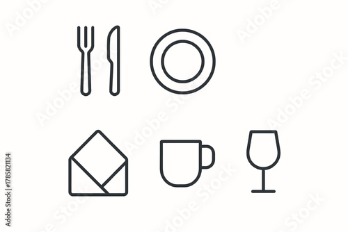 Minimalist line art icons of dining cutlery, plate, napkin, mug, and wine glass