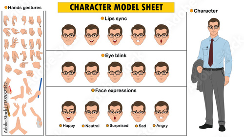 Businessman Character Constructor Kit. Customizable Corporate Professional Model Sheet with Suit, Poses, and Expressions.
