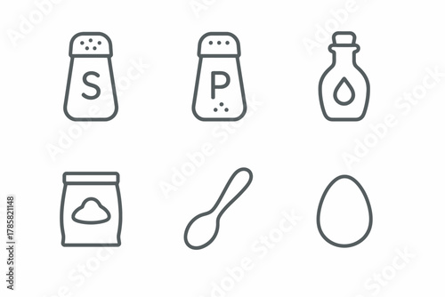 Kitchen essentials: salt, pepper, oil, flour, spoon, egg icons set