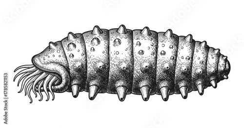 Intricate vintage engraving of insect larva with detailed texture and features