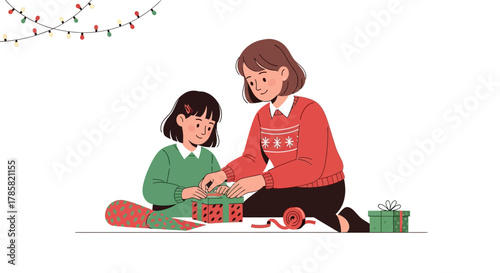 Heartwarming illustration of a mother and daughter sharing a festive moment, wrapping Christmas gifts together with love and joy