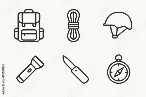 Outdoor adventure gear icons: backpack, rope, helmet, flashlight, knife, compass