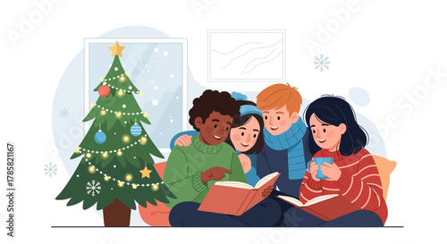 Cozy Christmas scene with a diverse group of friends enjoying stories by a decorated tree