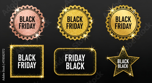 Black friday banner mockup. A festive golden, glowing frame that is strewn with gold dust.

