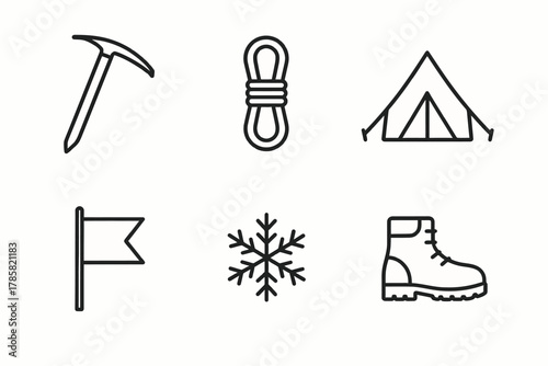 Camping and mountaineering essentials: ice axe, rope, tent, flag, snowflake, boot icons