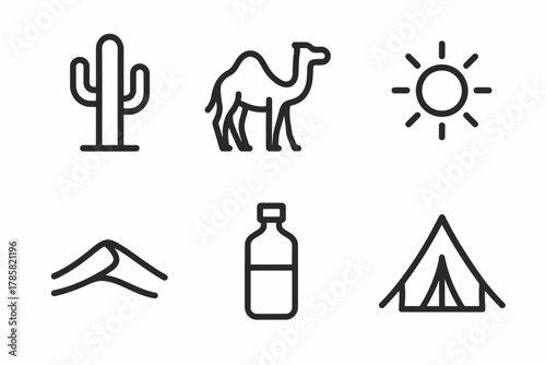 Desert icons: cactus, camel, sun, sand dune, water bottle, tent