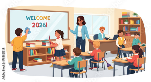 Back to School Young students and a teacher prepare a classroom for the new academic year, 2026, with cleaning supplies and a welcoming message on the whiteboard