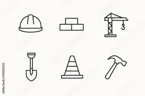 Construction icons set: helmet, bricks, crane, shovel, cone, hammer