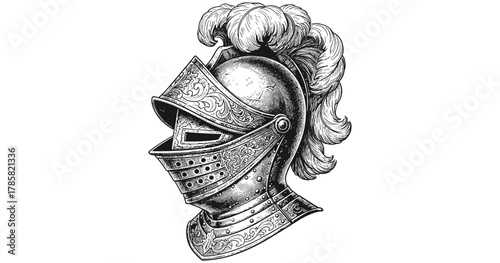 Detailed medieval knight helmet with scrollwork and plume in intricate engraving style