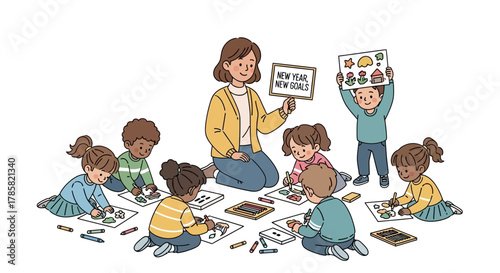 A group of diverse young children with their teacher in a classroom setting, drawing and setting goals for the new year