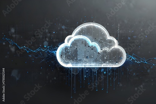Data storage and cloud technology concept with blue wire connected to white pixelate cloud on abstract light grey background. Generative Ai	