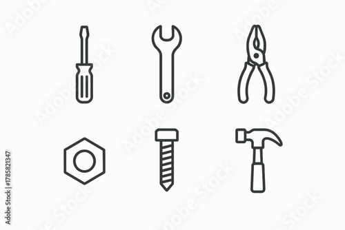 Outline icons of screwdriver, wrench, pliers, bolt, nut, and hammer