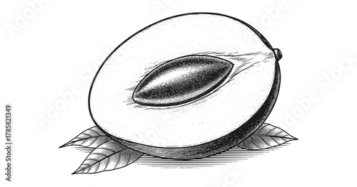 Detailed black and white engraving of a half sapodilla with leaves