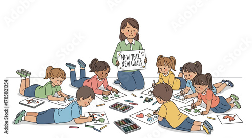 Diverse group of young children enthusiastically drawing and coloring on the floor, guided by a teacher holding a 'New Year New Goals' sign, fostering creativity and early learning