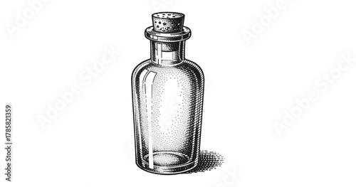 Vintage glass bottle with cork stopper in detailed engraving style