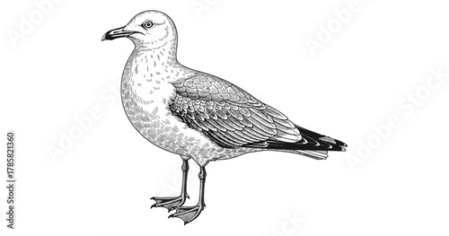 Detailed ink drawing of a seagull in a classic natural pose