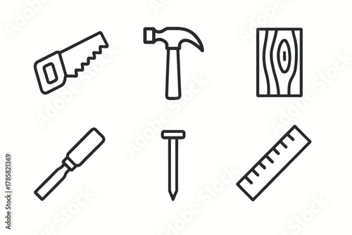 Carpentry tools icons: saw, hammer, wood, chisel, nail, ruler