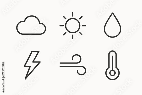 Weather icon set with cloud sun rain lightning wind and thermometer symbols