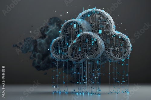 Data storage and cloud technology concept with blue wire connected to white pixelate cloud on abstract light grey background. Generative Ai	