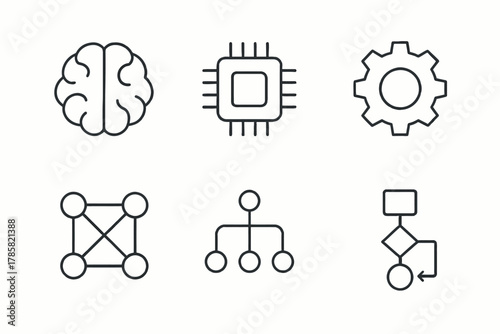 Set of technology icons: brain, microchip, gear, network, hierarchy, flowchart diagram