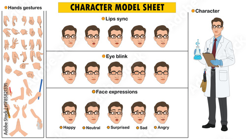 Male Scientist Character Constructor Kit. Customizable Researcher Model Sheet with Lab Coat, Poses, and Expressions.
