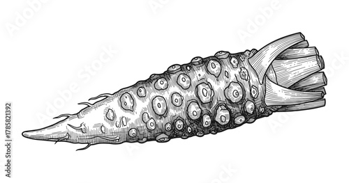 Detailed hand drawn wasabi root with textured surface in black and white