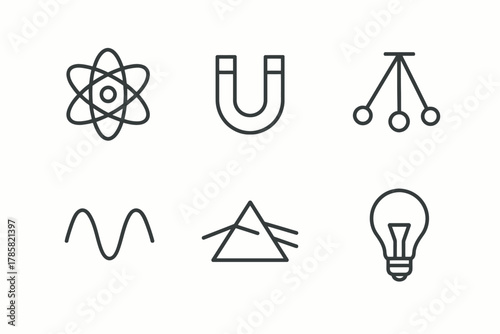 Scientific icons set: atom, magnet, newton's cradle, wave, prism, light bulb