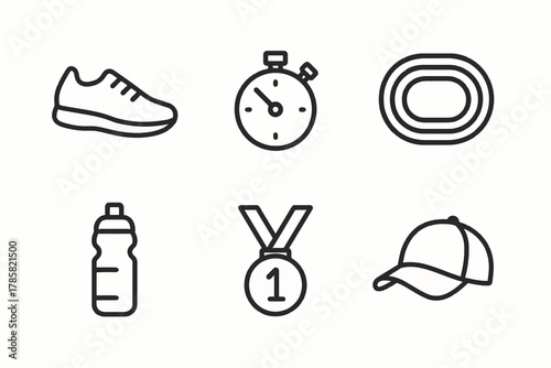 Running icons: shoe, stopwatch, track, water bottle, medal, cap