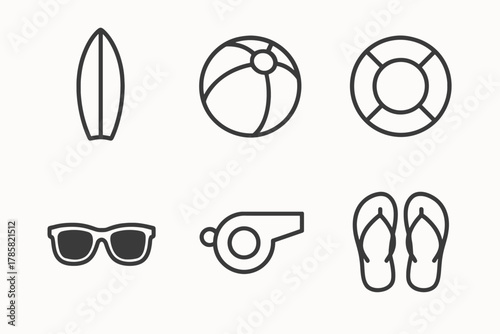 Beach icon set: surfboard, beach ball, lifebuoy, sunglasses, whistle, flip-flops