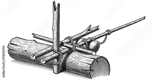 Engraved bushcraft trap design: traditional wilderness survival tool art