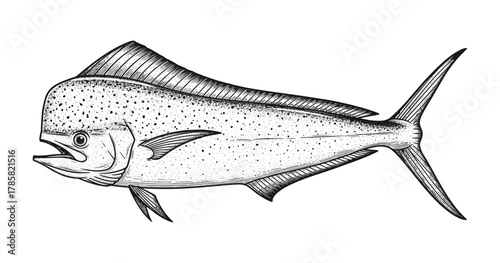Detailed black and white mahi mahi fish illustration with textured patterns