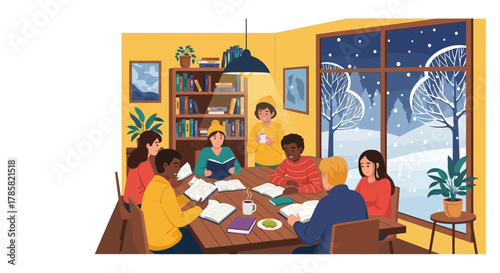 Cozy Book Club Meeting in Winter - A Gathering of Diverse Readers