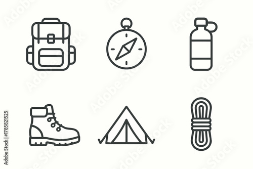 Outline icons of camping gear: backpack, compass, bottle, boot, tent, rope