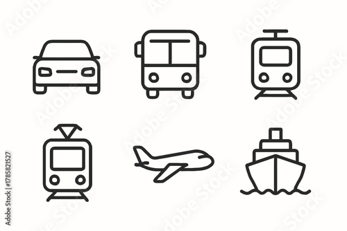 Simple black and white icons of car, bus, train, airplane, and ship transportation modes