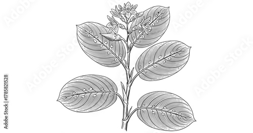 Elegant botanical illustration of a flowering plant with detailed leaves and blossoms