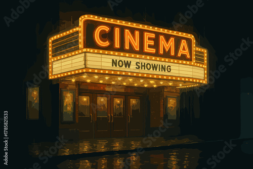 Brightly lit vintage cinema marquee with bold orange letters and illuminated "now showing" sign reflected on a wet street at night.