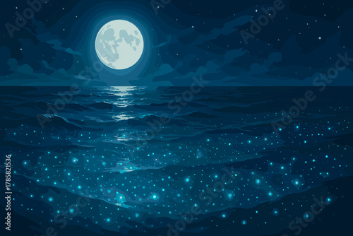 Full moon illuminating the ocean with glowing bioluminescent plankton under a starry night sky.