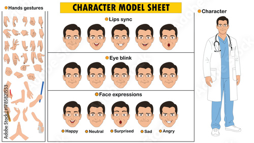 Male Doctor Character Constructor Kit. Customizable Medical Professional Model Sheet with Lab Coat, Stethoscope, and Poses.