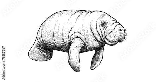 Detailed ink drawing of a manatee in black and white stipple style art