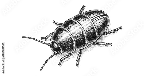 Detailed engraving of an armadillo insect with stippled texture and exquisite shading