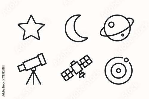 Simple astronomical symbols: star, moon, planet, telescope, satellite, orbit
