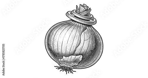 Vintage engraved onion with saturn ring elements in black and white