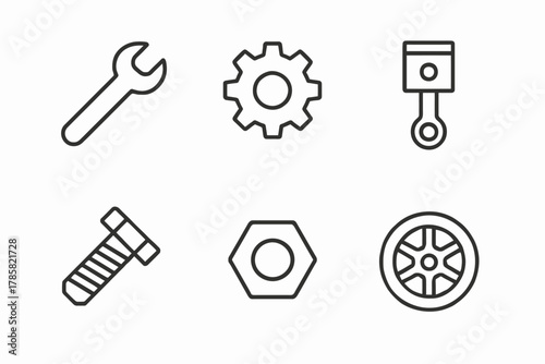 Engineering icons: wrench, gear, piston, bolt, nut, and wheel outline set