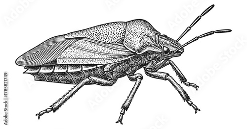 Detailed engraving of a realistic insect with textured wings and legs