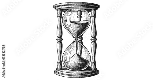 Vintage hourglass with flowing sand in detailed engraving style