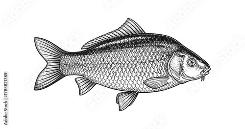 Detailed black and white ink drawing of a common carp fish