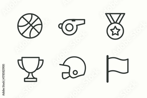 Minimalist sports icons featuring basketball medal trophy helmet whistle flag