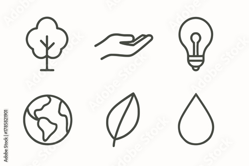 Minimalist eco icons featuring tree hand light bulb earth leaf water drop