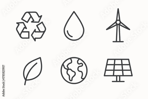 Eco-symbols: recycling, water, wind, leaf, earth, solar energy icons