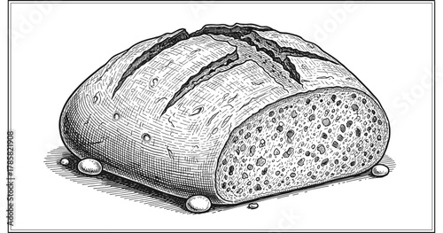 Rustic bread loaf in detailed etching style with crosshatch texture